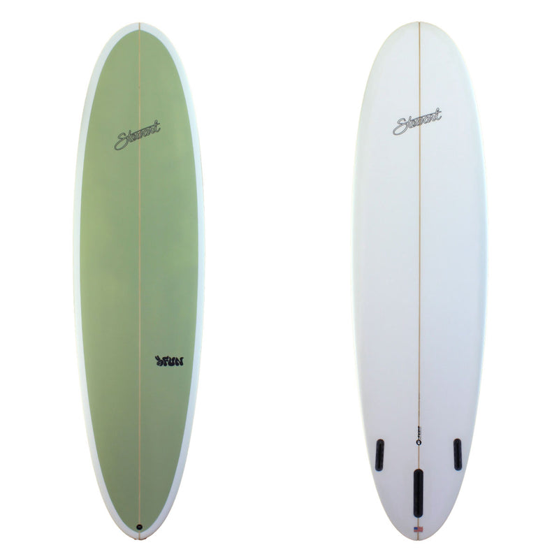Stewart Surfboards 8'0" 2FUN mid-length surfboard with painted solid green deck and white bottom