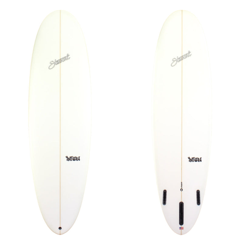 Stewart Surfboards 7'3" 2FUN mid-length surfboard with clear white deck and bottom