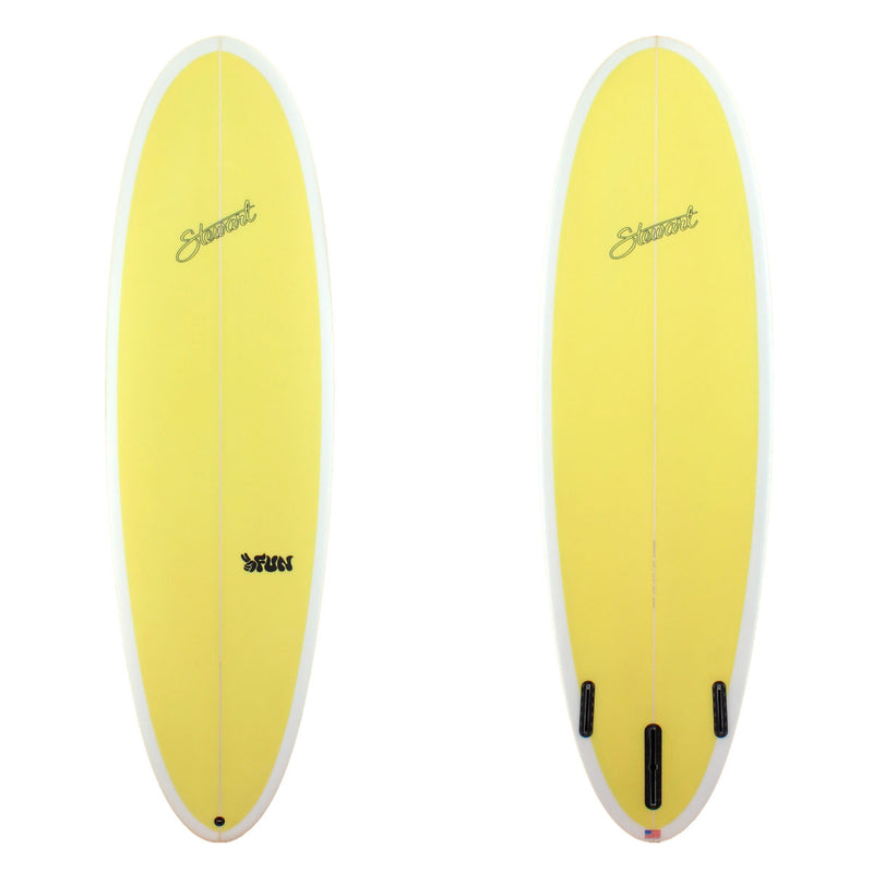 Stewart Surfboards 6'10" 2FUN mid-length surfboard with painted solid yellow deck and bottom with white rails