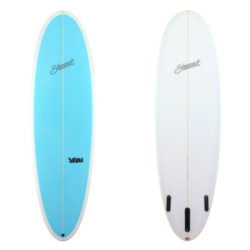 Stewart Surfboards 6'10" 2FUN mid-length surfboard with painted solid blue deck and white bottom