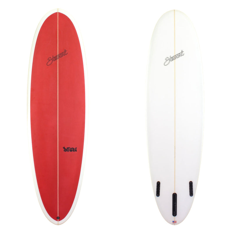 Stewart Surfboards 7'0" 2FUN mid-length surfboard with painted solid red deck and white bottom