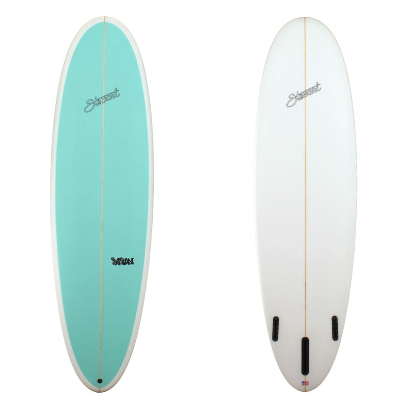 A STEWART 2FUN POLY MID LENGTH WITH A TEAL DECK PANEL AND A CLEAR BOTTOM 