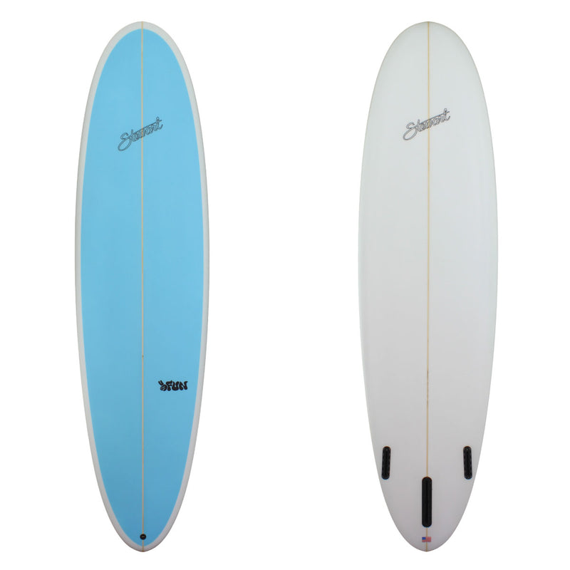 A STEWART 2FUN MID LENGTH WITH A BLUE DECK PANEL AND A CLEAR BOTTOM 