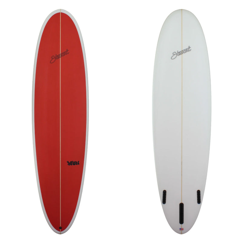 A STEWART 2FUN POLY MID LENGTH WITH A RED DECK PANEL AND A CLEAR BOTTOM 