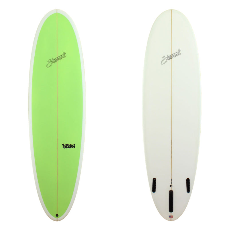 Stewart Surfboards 7'2" 2FUN mid-length surfboard with painted solid light green deck and white bottom