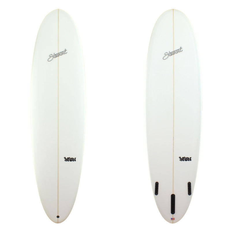 Stewart Surfboards 7'10" 2FUN mid-length surfboard with clear white deck and bottom