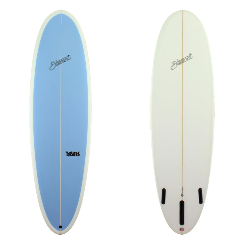 Stewart Surfboards 7'0" 2FUN mid-length surfboard with painted solid blue deck and white bottom