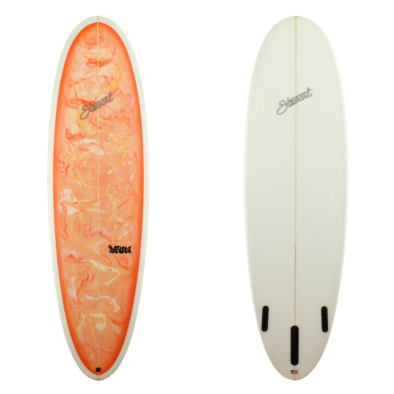 Stewart Surfboards 7'0" 2FUN mid-length surfboard with painted red/orange/yellow swirl deck and white bottom