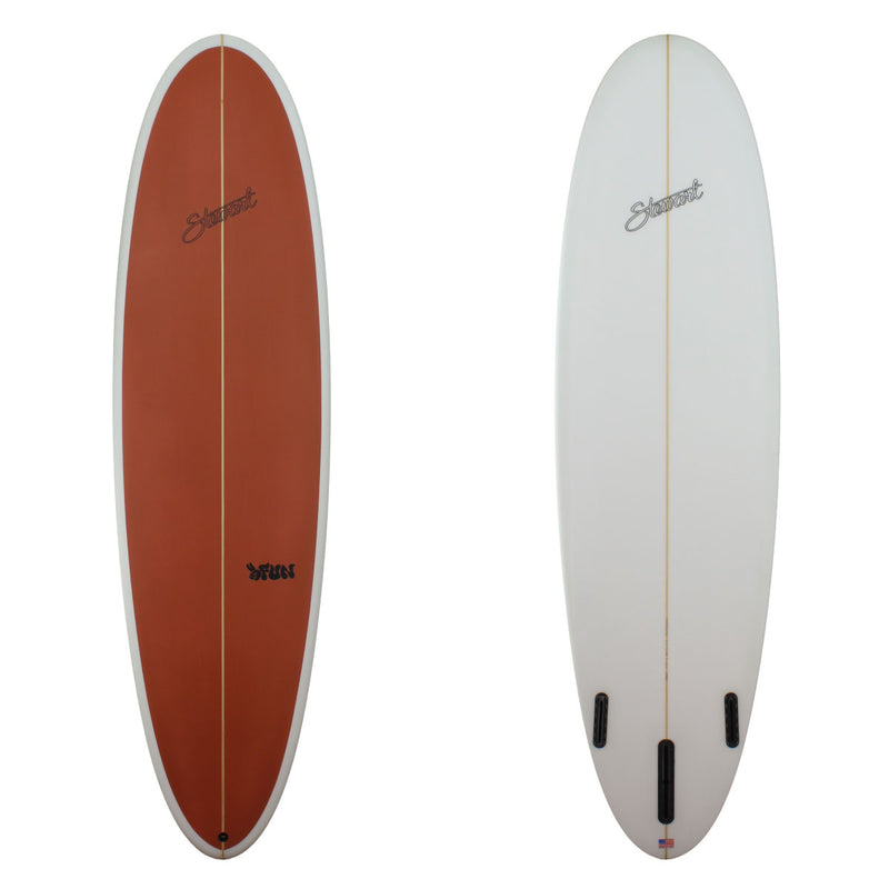 a stewart 2fun midlength with a orange-brown deck and clear bottom 