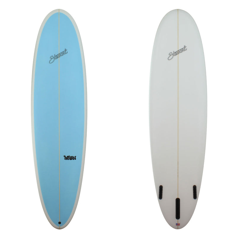 a stewart 2fun mid length with a light blue deck and a clear bottom
