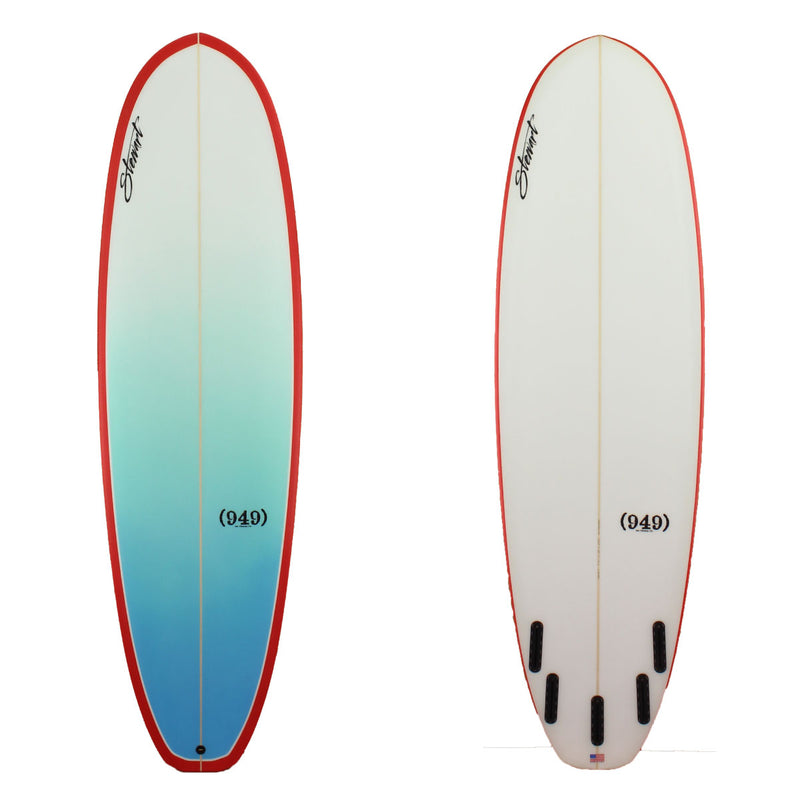 Stewart Surfboards 7'0" (949) mid-length surfboard with blue fade deck panel, red rails, and clear white bottom