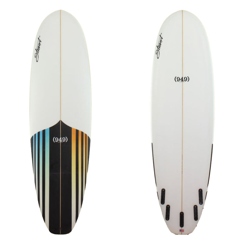 Stewart Surfboards 7'0" (949) mid-length surfboard with black, blue, and orange stripes on deck and clear white bottom