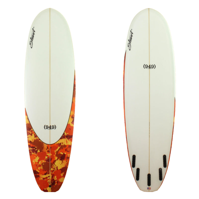 Stewart Surfboards 7'0" (949) mid-length surfboard with red, orange, yellow swirl deck panel and clear white bottom