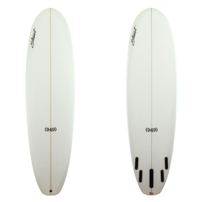 Stewart Surfboards 7'6" (949) mid-length surfboard with clear white deck and bottom