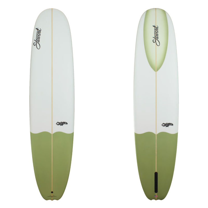 Deck and bottom view of a Stewart Bird Longboard with a olive tail going 1/4 of the way up and then the rest of the board is white with a sand finish