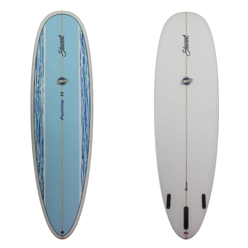 Deck and bottom view of a Stewart Funline 11 Mid Length with a blue stripe down the center and two paint drips down the side of the rail with a white bottom and sand finish