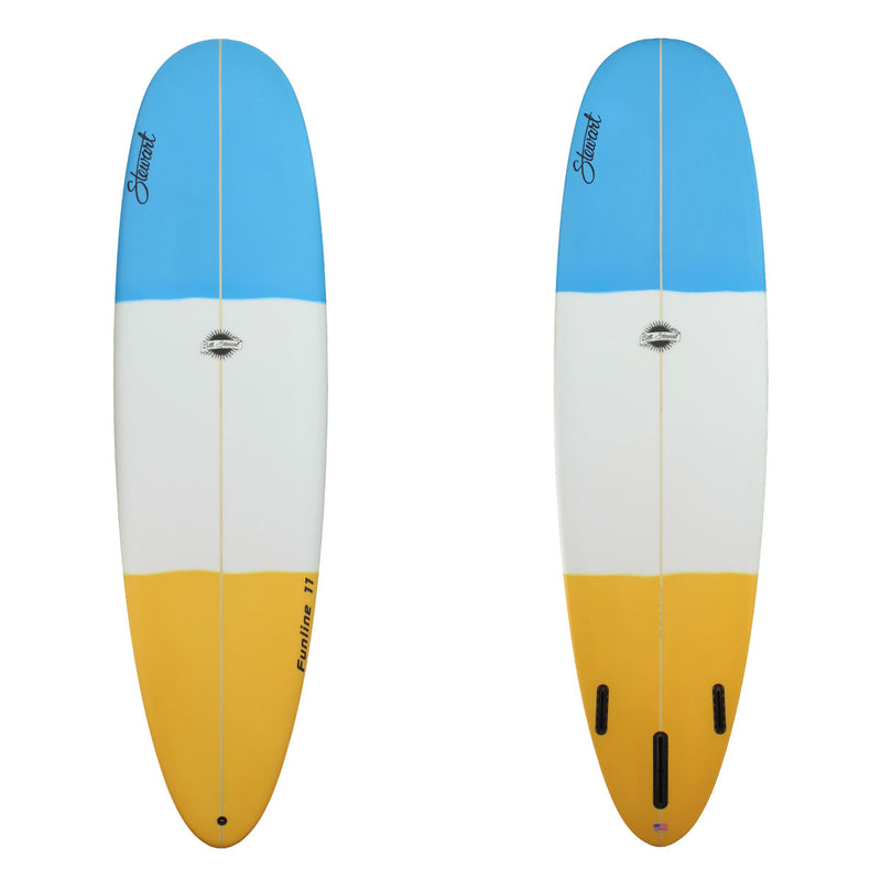 Deck and bottom view of a Stewart Funline-11 Mid Length with a blue nose white middle and a yellow tail with sand finish 