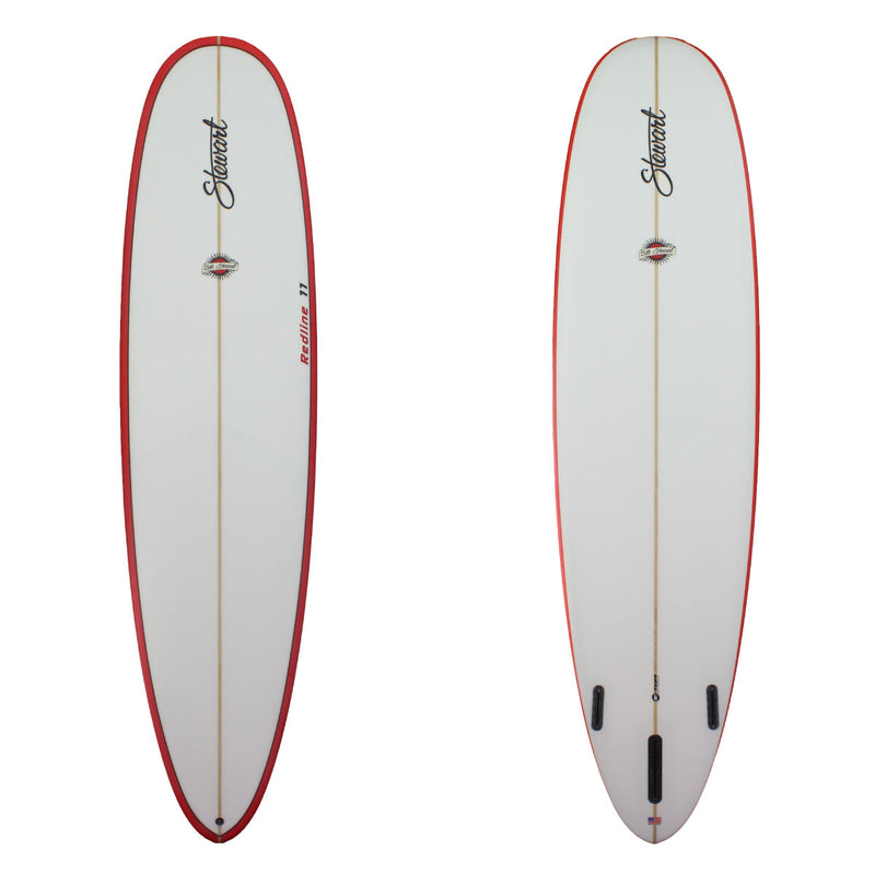Deck and bottom view of a Stewart Redline 11 Longboard with red rails and a sand finish