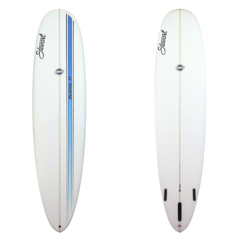 Deck and bottom view of a Stewart 9'0" Redline 11 (9'0", 23 3/4", 3 1/4") B#127532 Longboard Sanded Clear with Blue Fade Racing Stripe