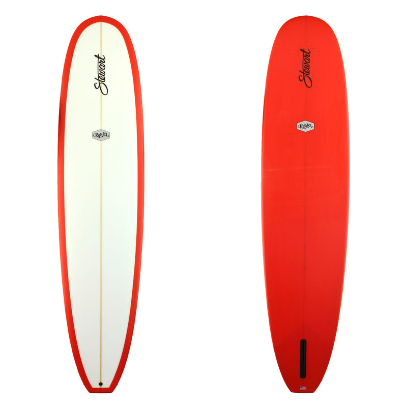 Stewart Surfboards 9'6 Ripster with solid red resin tint bottom and rails and clear white deck