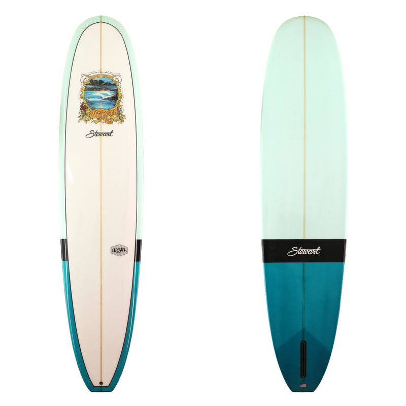 Stewart Surfboards 9'6 Ripster with 2-color blue resin tint bottom and rails, black stripe and pinline, Polish and Gloss