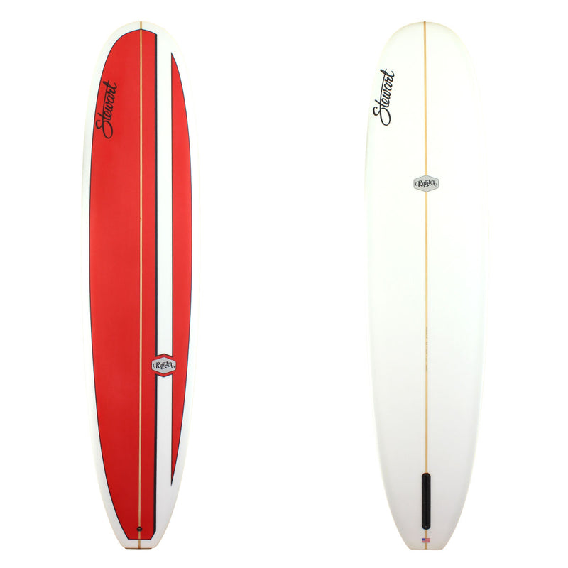 Stewart Surfboards 9'4 Ripster with red and black deck panels and clear white bottom