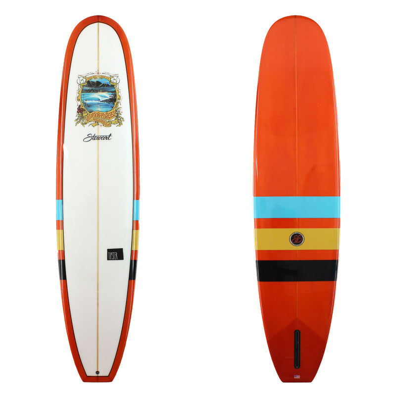 Stewart Surfboards 9'0 TIPSTER with burnt orange bottom and rails, stripes of black, yellow, and blue, gloss and polish finish