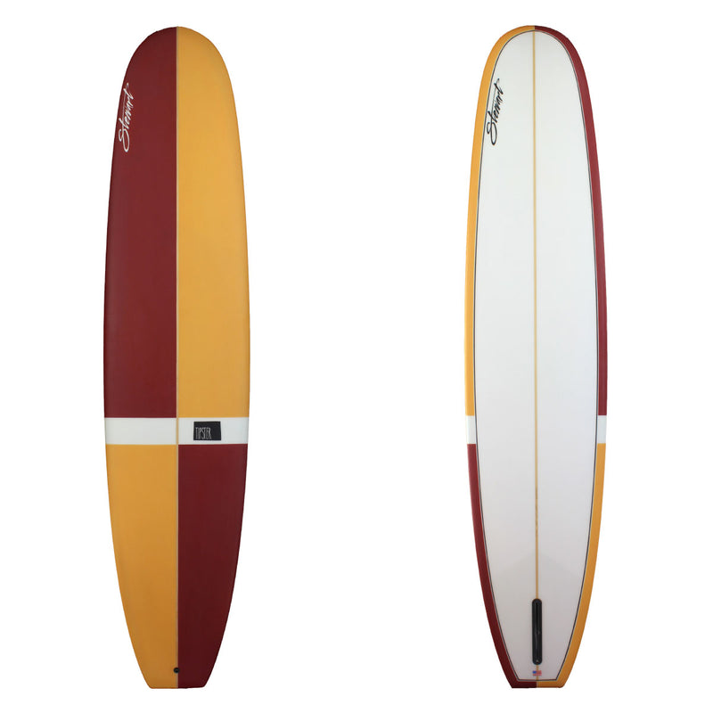 Deck and bottom view of a Stewart 10'0" Tipster (10'0", 24", 3 3/8") B#127424  Longboard with Rust and Beige Checker Deck and Clear Bottom