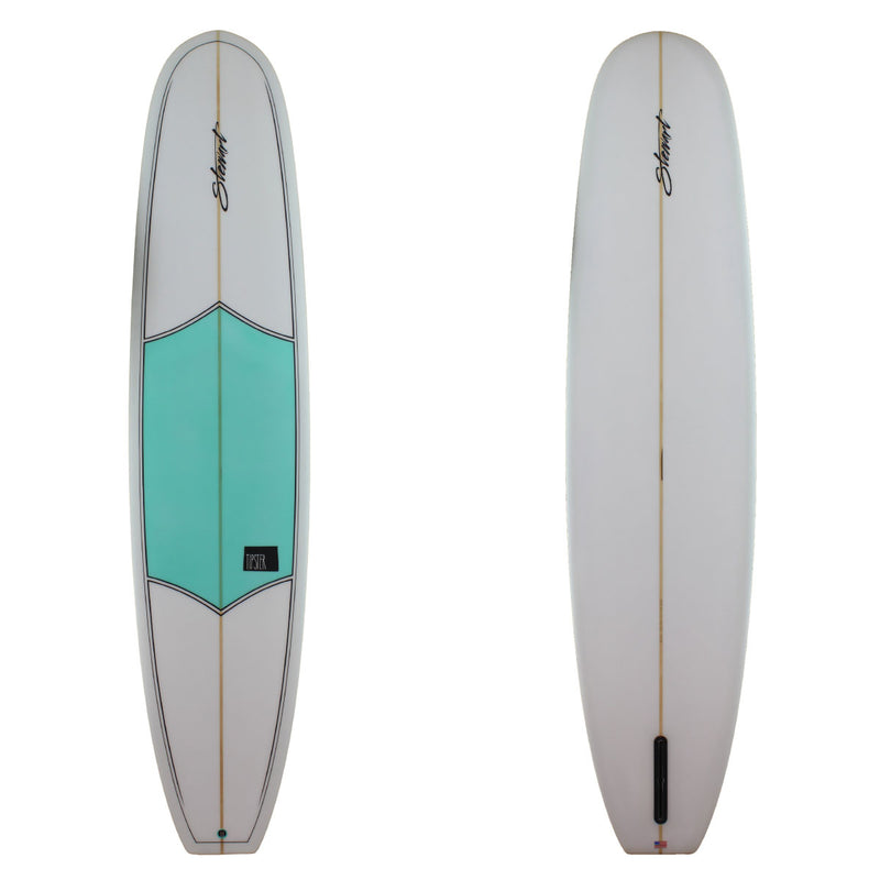 Stewart Surfboards 9'6 TIPSTER with painted aqua deck panel and pinlines, clear white bottom and rails