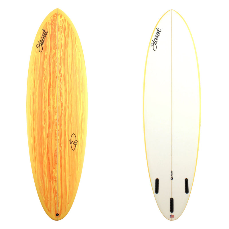 6'9 Deck and bottom view of a Stewart Wild Bill Mid-Length with orange and yellow swirl on deck 6'9 Wild Bill (6'9, 21 1/4", 2 3/4") B#127455