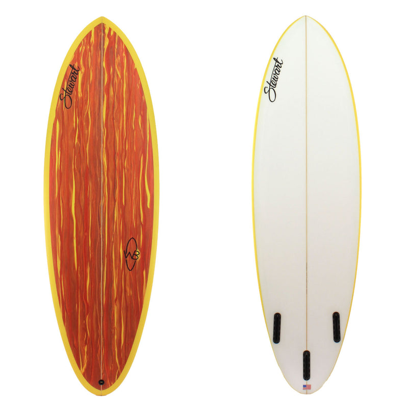 Stewart 6'2" Wild Bill Shortboard with red and yellow paint streaks on deck with yellow rails on bottom (6'2", 20 3/4", 2 5/8") B#127518