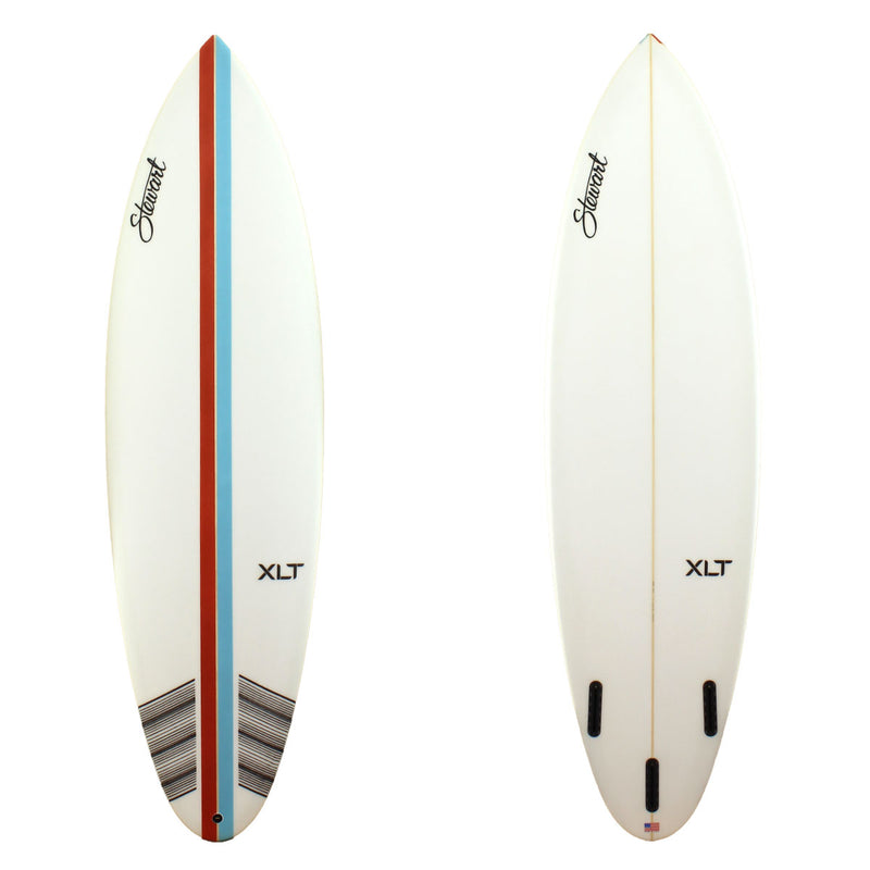 Stewart Surfboards 7'0" XLT shortboard with a brick red and a light blue stripe on deck