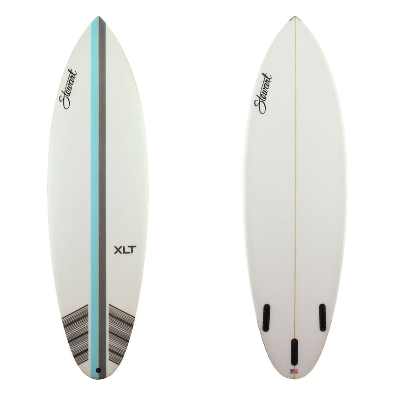Stewart Surfboards 6'6" XLT shortboard with a light blue and a dark grey stripe on deck