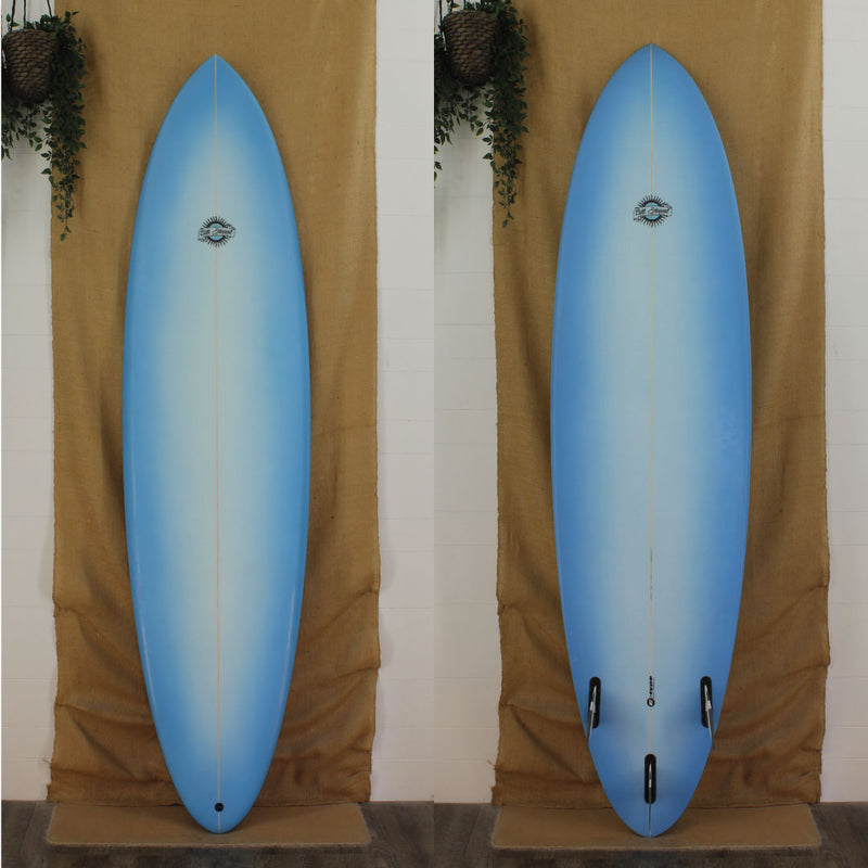 top and bottom view of blue funboard comp