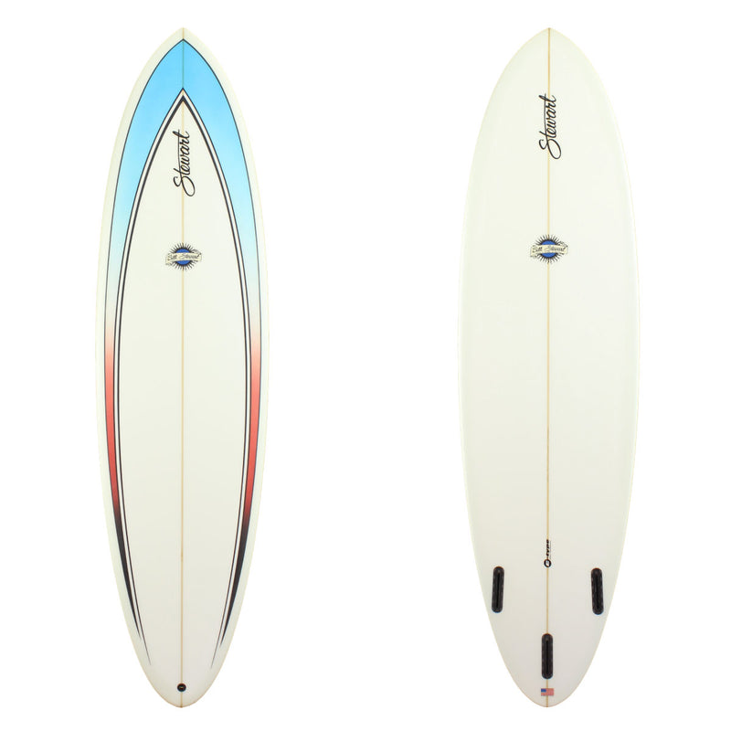 Stewart Surfboards 7'4 Funboard Comp with painted deck panels blue fading to red to black
