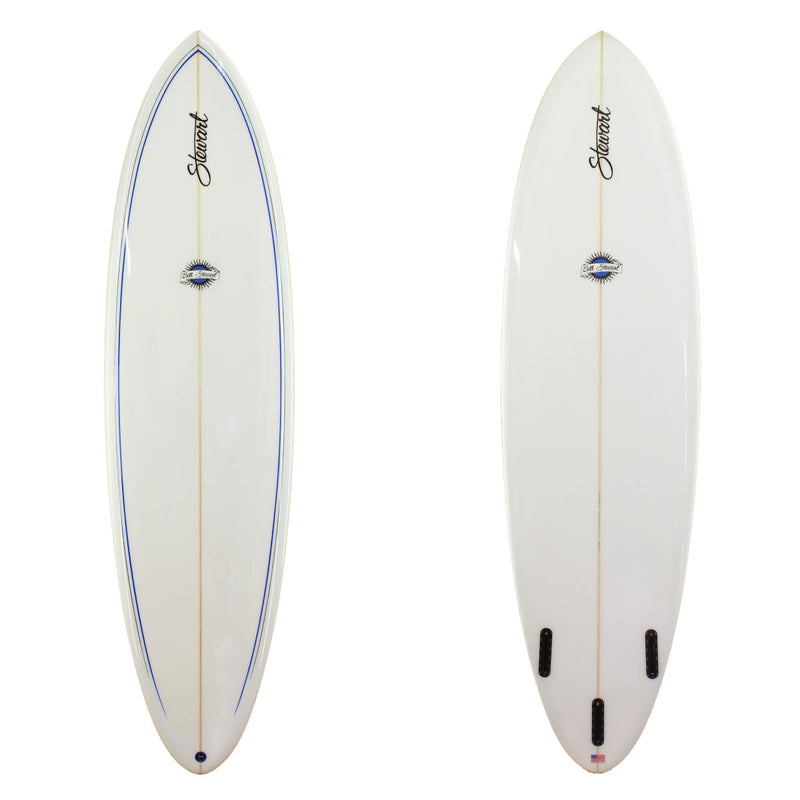 Stewart Surfboards 7'4 Funboard Comp with blue and black pinlines, gloss and polish finish