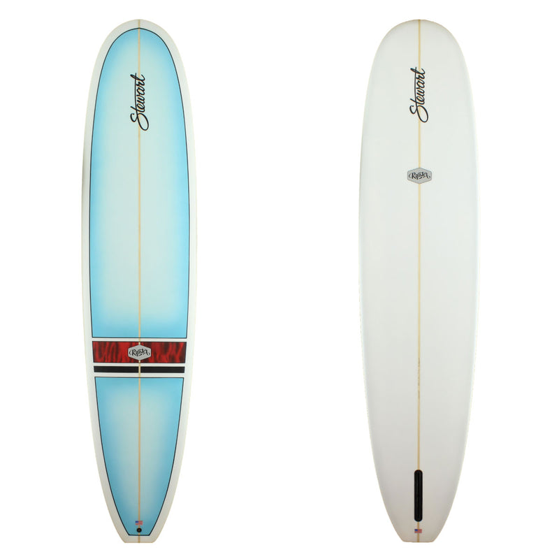 Stewart Surfboards 9'8 Ripster with blue and red deck panels and black pinlines, clear bottom and rails