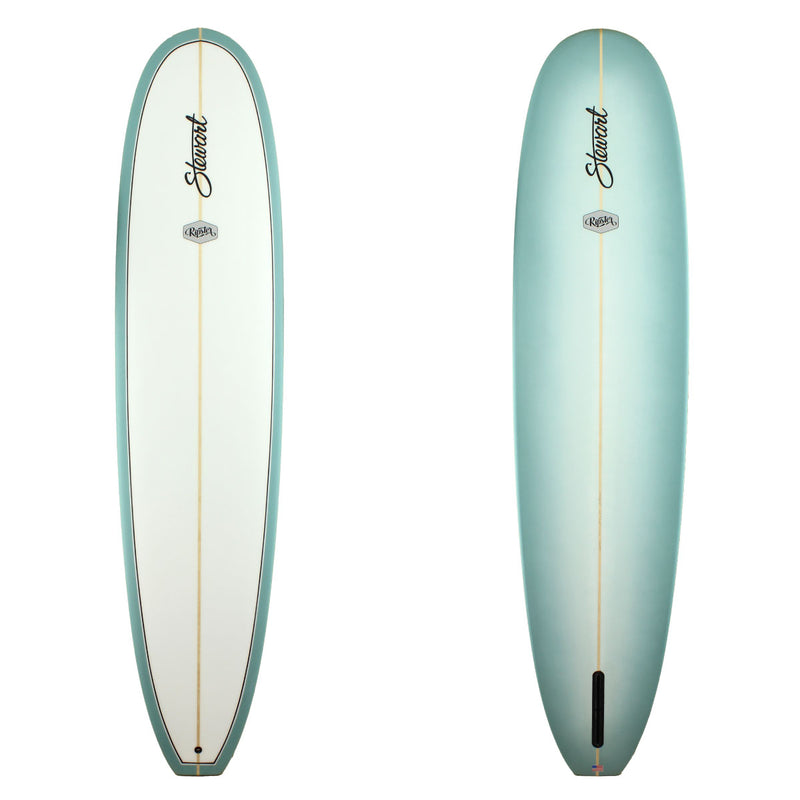 Stewart Surfboards 9'4 Ripster with painted blue fade bottom and rails and clear white deck