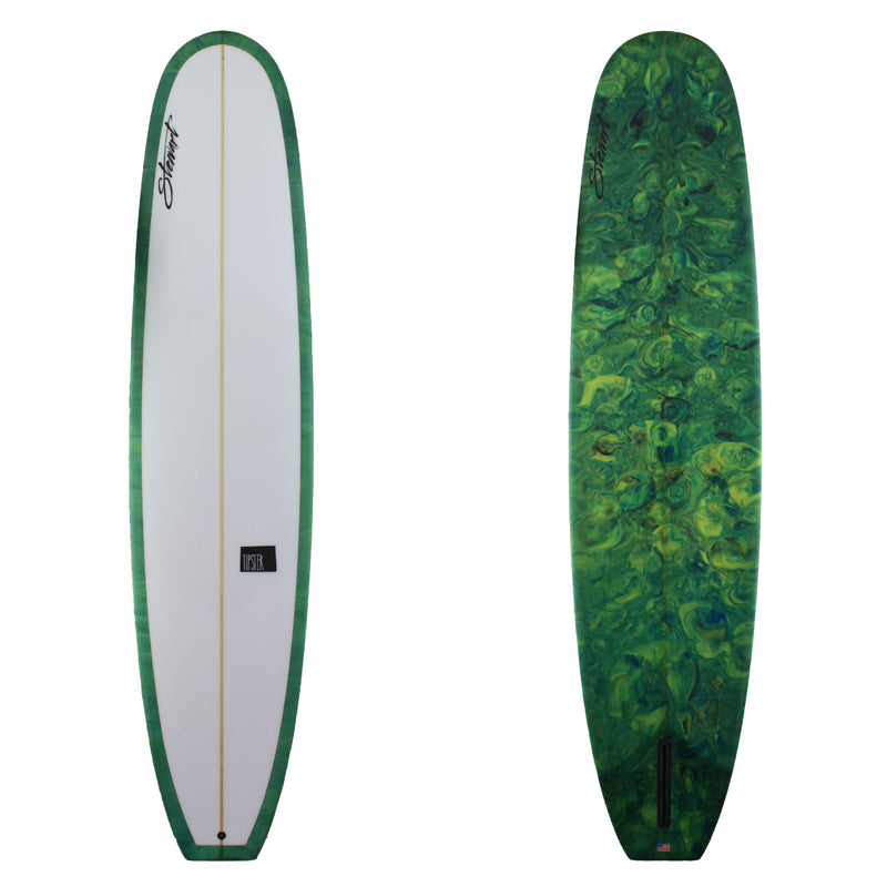 Stewart Surfboards 9'3 TIPSTER with green black resin swirl bottom and rails, clear white deck