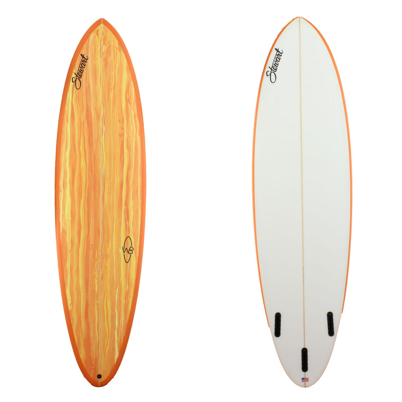 Stewart Surfboards 7'6" Wild Bill mid-length surfboard with orange and yellow swirl deck and orange rails