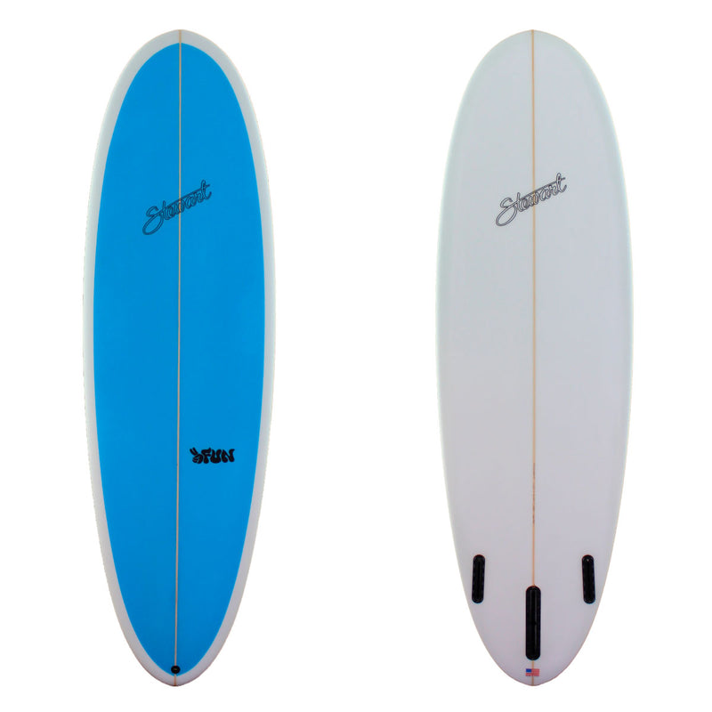 Stewart Surfboards 6'6" 2FUN mid-length surfboard with painted solid blue deck and white bottom