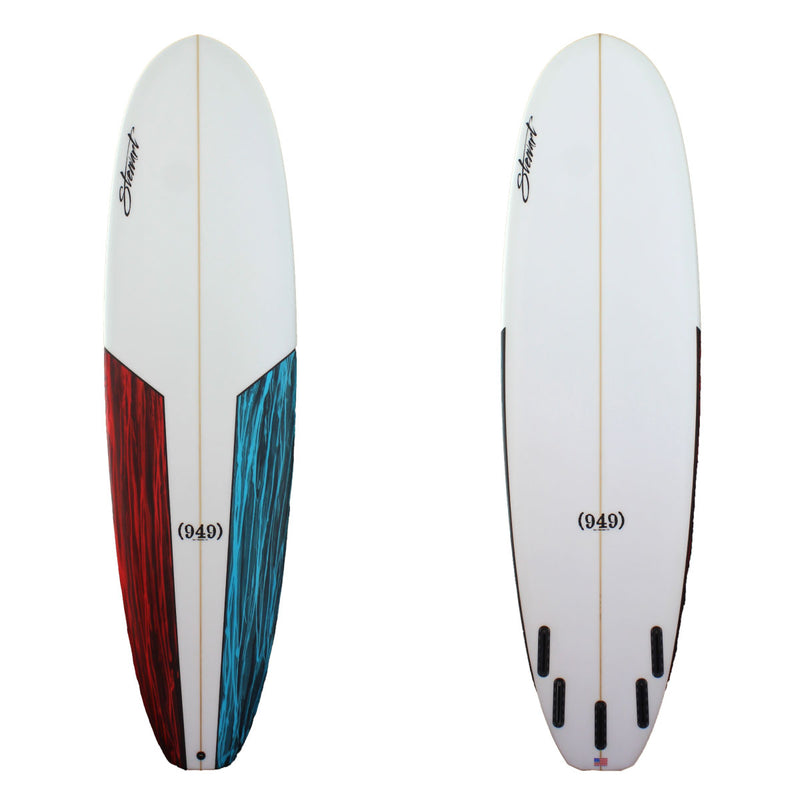 Stewart Surfboards 7'2" (949) mid-length surfboard with red and blue swirl deck panels and clear white bottom