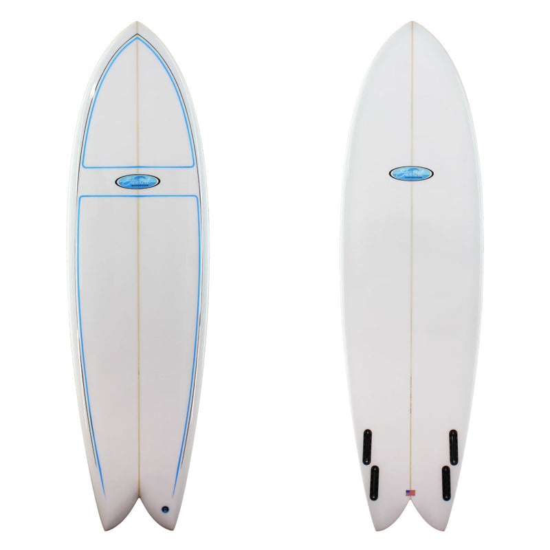 Stewart Surfboards 6'10" Retro Fish with blue and black pinlines on deck, gloss and polish finish