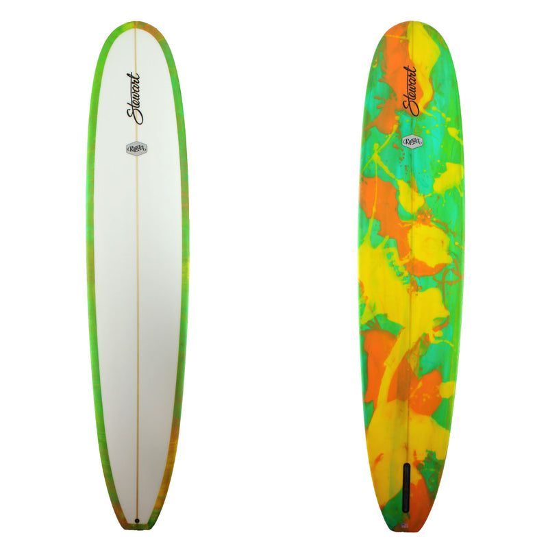 Stewart Surfboards 10'0 Ripster with green, orange, yellow abstract resin swirl bottom and rails