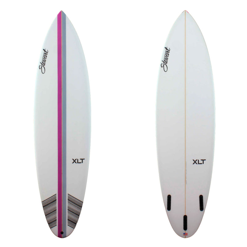 Stewart Surfboards 6'10" XLT shortboard with a magenta and a grey stripe on deck