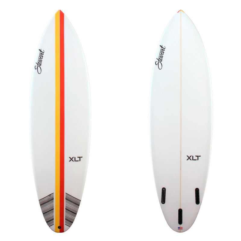 Stewart Surfboards 6'8" XLT shortboard with a yellow and a red stripe on deck