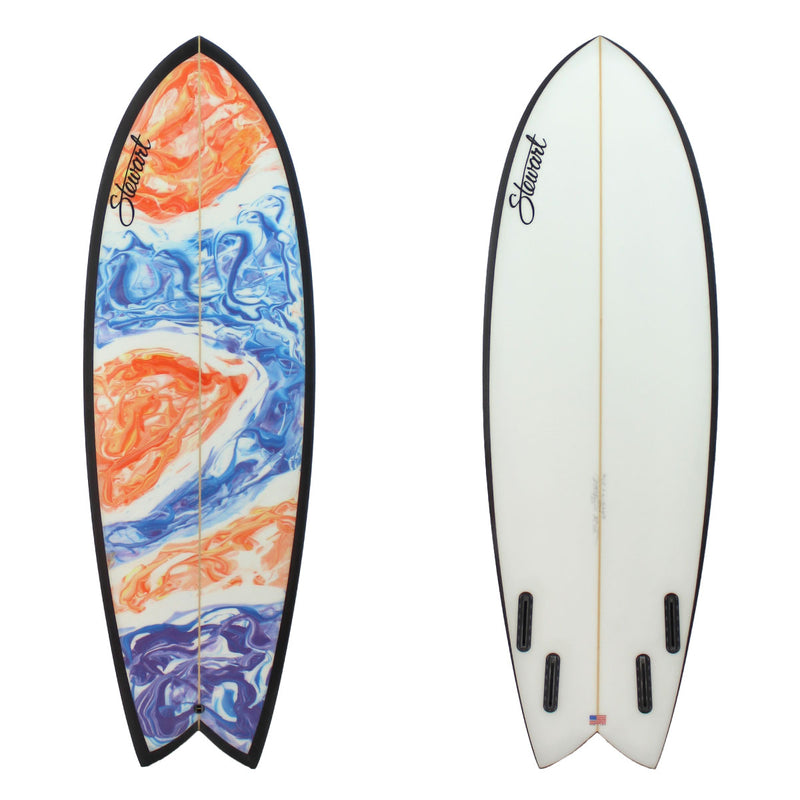 Stewart Surfboards 6'0" Retro Fish with black rails and orange and purple swirls on deck