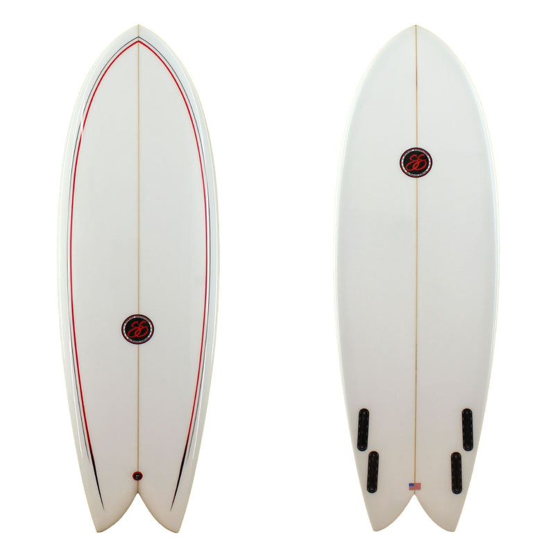 Stewart Surfboards 5'10" Retro Fish with red and black pinlines on deck, gloss and polish finish