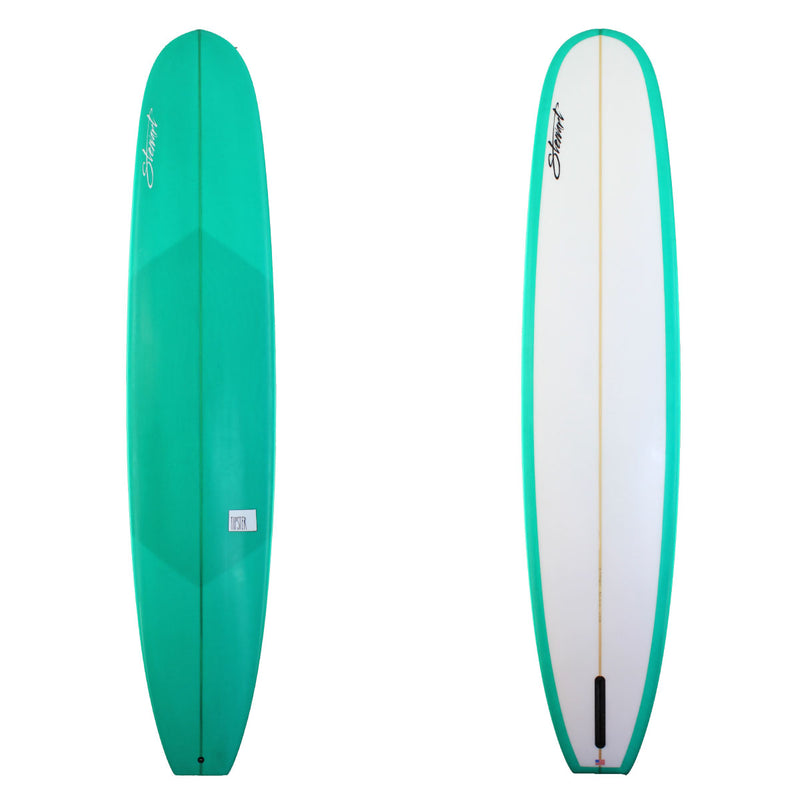 Stewart Surfboards 10'0 TIPSTER with aqua resin tint deck and rails, clear white bottom