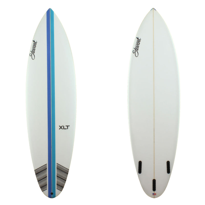 Stewart Surfboards 7'2" XLT shortboard with a dark blue and a light blue stripe on deck